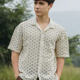 Campus Sutra Men Relaxed Fit Cuban Collar Textured Cotton Casual Shirt-picture-18