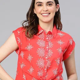 Oxolloxo Ethnic Motifs Printed Cotton Shirt Style Top-image-0