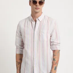 THE BEAR HOUSE Slim Fit Striped Cotton Linen Casual Shirt-image-91