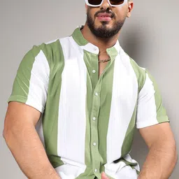 Instafab Plus Size Classic Vertical Stripes Band Collar Cotton Casual Shirt-picture-37