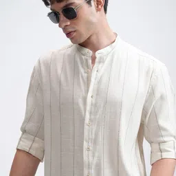 HIGHLANDER Men Band Collar Vertical Striped Relaxed Fit Casual Shirt-picture-37