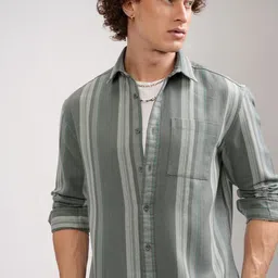 HIGHLANDER Men Relaxed Fit Spread Collar Vertical Striped Cotton Casual Shirt-picture-36