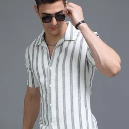 HERE&NOW Slim Fit Vertical Striped Cuban Collar Cotton Casual Shirt-picture-35