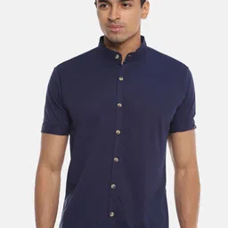 Campus Sutra Navy Blue Band Collar Classic Cotton Shirt-picture-35