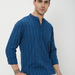 Mufti Slim Fit Striped Mandarin Collar Pure Cotton Casual Shirt-picture-14