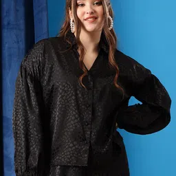 CURVY STREET Plus Size Comfort Oversized Abstract Printed Puffed Sleeves Satin Shirt-picture-36