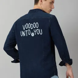 VUDU Comfort Fit Typography Printed Spread Collar Opaque Casual Cotton Denim Shirt-picture-14