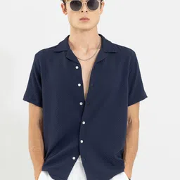 Snitch Navy Blue Classic Boxy Self Design Casual Shirt-picture-33