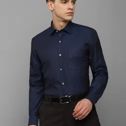 Luxure by Louis Philippe Men Navy Blue Slim Fit Grid Tattersall Checks Striped Formal Shirt image 1