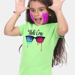 BONKIDS Girls Green Holi Crew Printed T-shirt-image-97