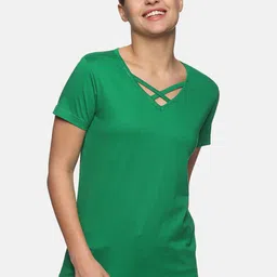Trends Tower Women Green V-Neck Pure Cotton T-shirt-picture-11