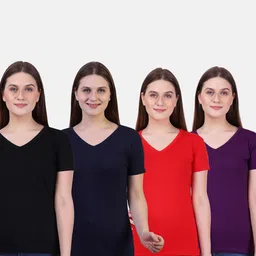 Fleximaa Women Set Of 4 Navy Blue & Purple V-Neck T-shirt-image-8