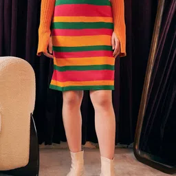 Berrylush Brown, Green & Yellow Colourblocked Acrylic Pencil Skirt-image-63