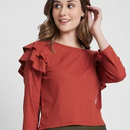 SPYKAR Self Design Boat Neck Ruffles Detail Cotton Top-picture-39