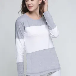 Trends Tower Women Grey Melange & White Colourblocked Pure Cotton T-shirt image 1