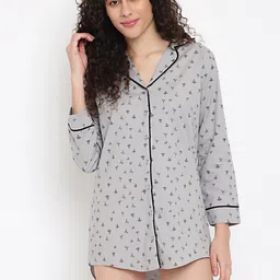 La Intimo Grey & Black Printed Shirt Pure Cotton Nightdress-picture-40