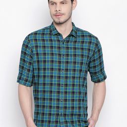 Basics Men Green Slim Fit Tartan Checks Checked Casual Shirt-image-67