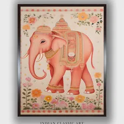 INDIAN CLASSIC ART Peach & Green Elephant Canvas Birds and Animals Wall Painting-picture-18