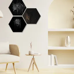 SAF Black & White 3 Pieces Animal UV Textured Self adhesive Wall Art Painting-picture-39