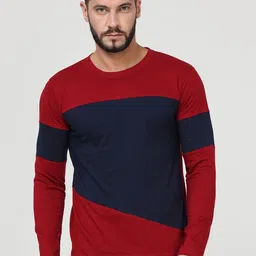 Fleximaa Men Red & Navy Blue Colourblocked Regular Fit T-shirt image 1
