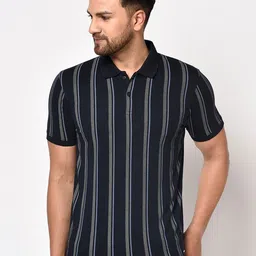 Octave Men Black Vertical Striped Polo Collar T-shirt-picture-16