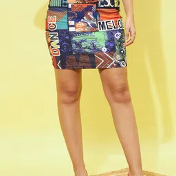 Berrylush Black Graphic Printed High-Waisted Slip On Pencil Mini Skirt-picture-15