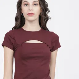 Tokyo Talkies Women Maroon T-shirt-image-42
