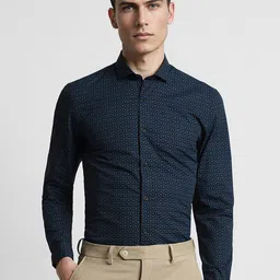 Peter England Blue Slim Fit Cotton Opaque Printed Formal Shirt-picture-11