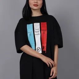DOOR74 Women Black Typography Loose T-shirt-image-59