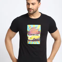 DOOR74 Men Black & Yellow Printed Cotton T-shirt-picture-19