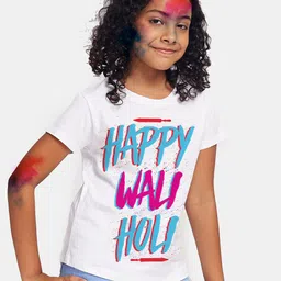 BONKIDS Girls White Happy Wali Holi Printed Cotton T-shirt-picture-24