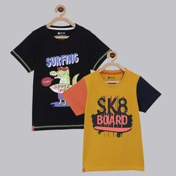 3PIN Boys Yellow & Black Typography Printed Set of 2 Cotton T-shirt-picture-34