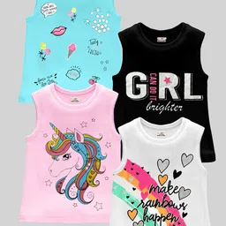 KUCHIPOO Girls Pack Of 4 Conversational Printed Sleeveless T-shirts-picture-14