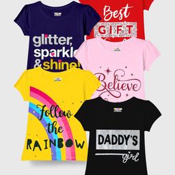 KUCHIPOO Pack Of 5 Girls Typography Printed Round Neck T-shirts-picture-34
