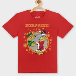 Kids Ville Boys Red Tom & Jerry Christmas Printed Applique T-shirt-image-10