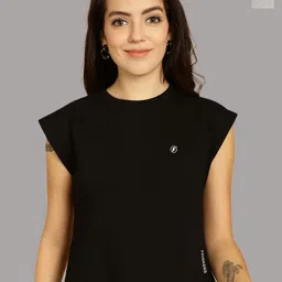 Friskers Women Black 2 V-Neck Extended Sleeves Applique T-shirt-image-57
