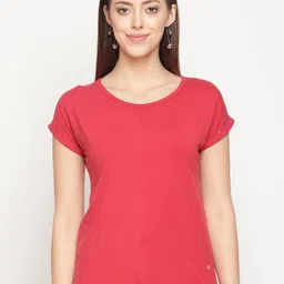METTLE Women Coral Extended Sleeves Cotton T-shirt-image-40