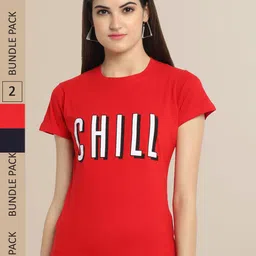 Fabflee Women Red & Navy Blue Pack of 2 Graphic Printed Cotton T-shirt-image-77