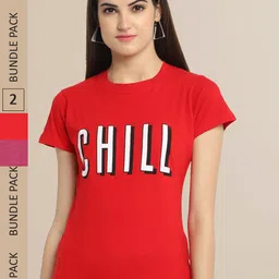 Fabflee Women Red & Pink Pack of 2 Graphic Printed Cotton T-shirt-image-45