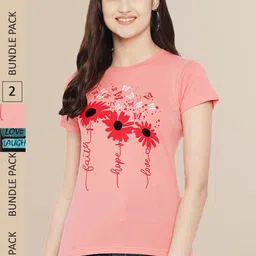 Fabflee Women Peach & Black Pack of 2 Typography PrintedCotton T-shirts-picture-17