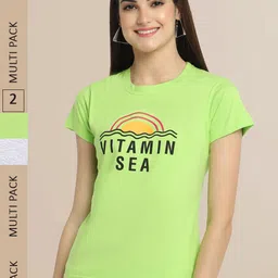 Fabflee Women Pack of 2 Green & Grey Typography Printed Cotton T-shirt-image-41