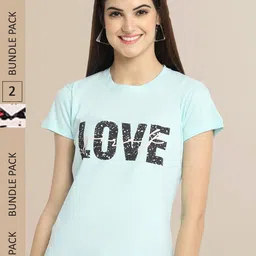 Fabflee Women Blue & Pink Pack of 2 Graphic Printed Cotton T-shirt-picture-30