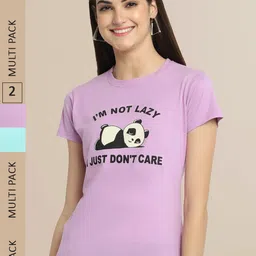 Fabflee Women Pack of 2 Lavender & Sea Green Printed Cotton T-shirt-image-75