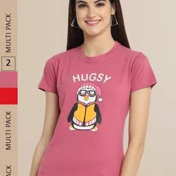 Fabflee Women Pack of 2 Pink & Red Printed Cotton T-shirt-image-49