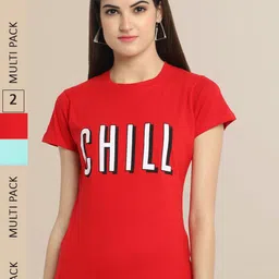 Fabflee Women Red & Blue Pack of 2 Typography Printed Cotton T-shirt-picture-23