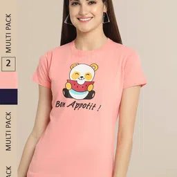 Fabflee Women Pink & Black Pack of 2 Printed Cotton T-shirt-image-40