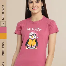 Fabflee Women Pink & Mustard Yellow Pack Of 2 Printed Cotton T-shirts-image-5