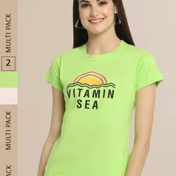 Fabflee Women Pack of 2 Green & Coral Printed Cotton T-shirt-image-46