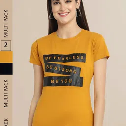 Fabflee Women Pack of 2 Mustard Yellow & Black Typography Printed Cotton T-shirt-image-84