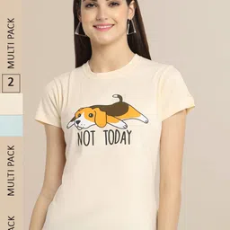 Fabflee Women Pack Of 2 Beige & Sea Green Printed Cotton T-shirts-image-50